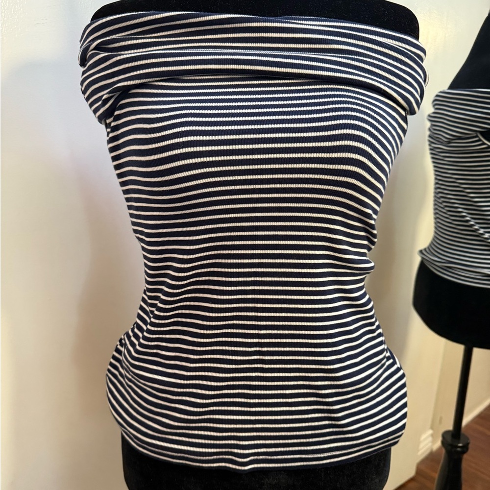LOFT Navy and White Striped Blouse